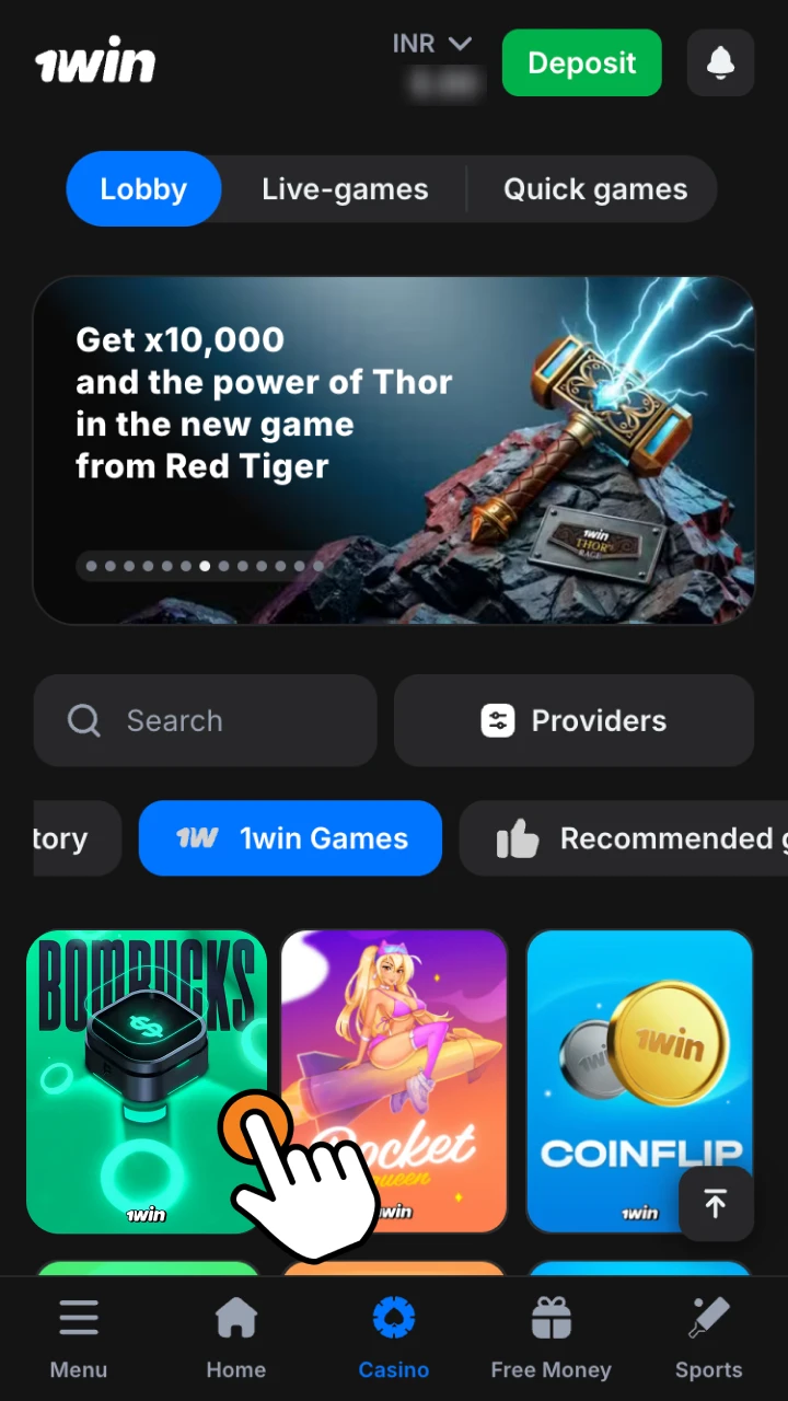 Find 1win Bombucks game in the casino section.