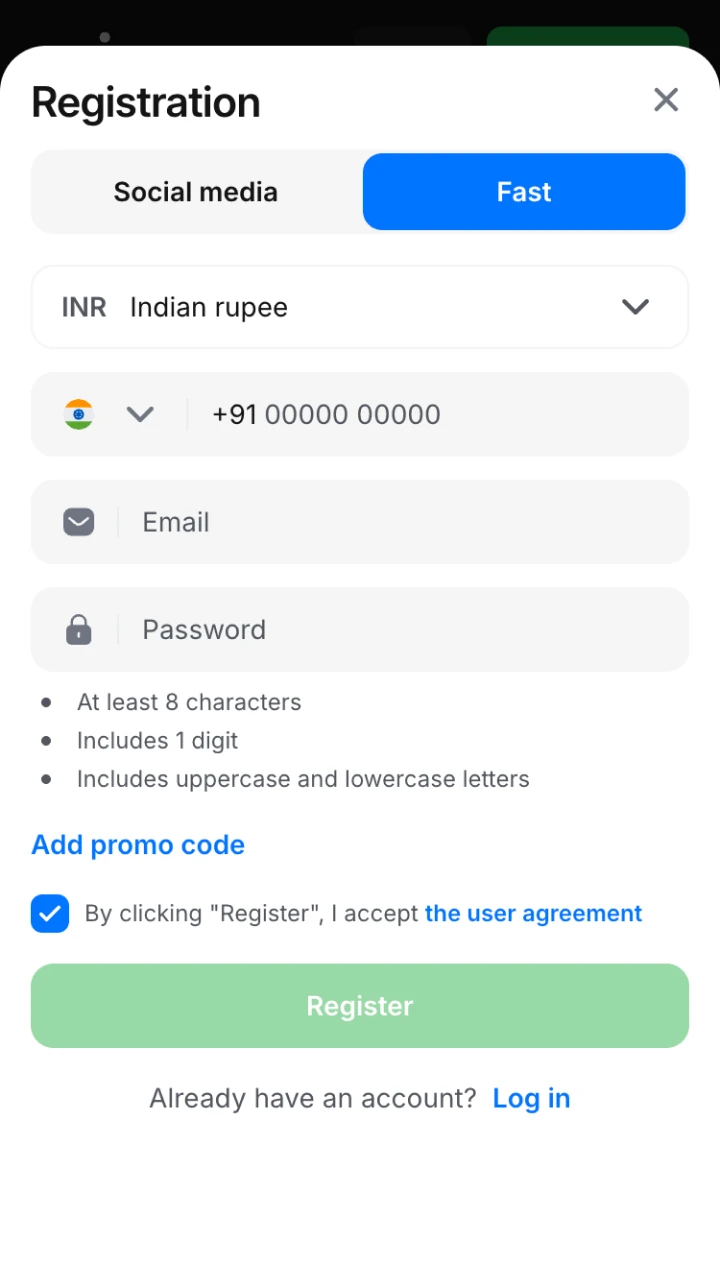 Register 1win account through the app or the website.