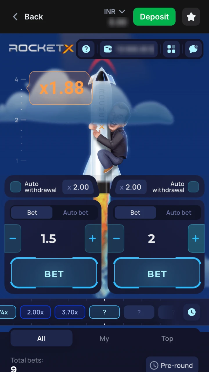 Enter the bet amount and start playing 1win Rocket X.