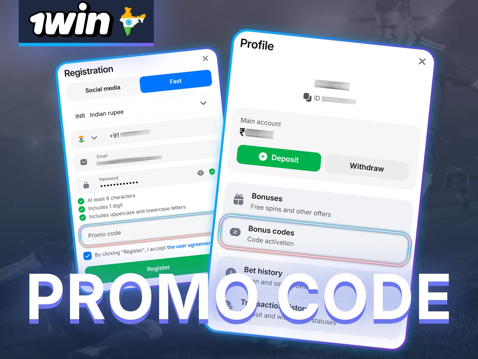 Use the promo code in the 1win app to get a bonus to your account.