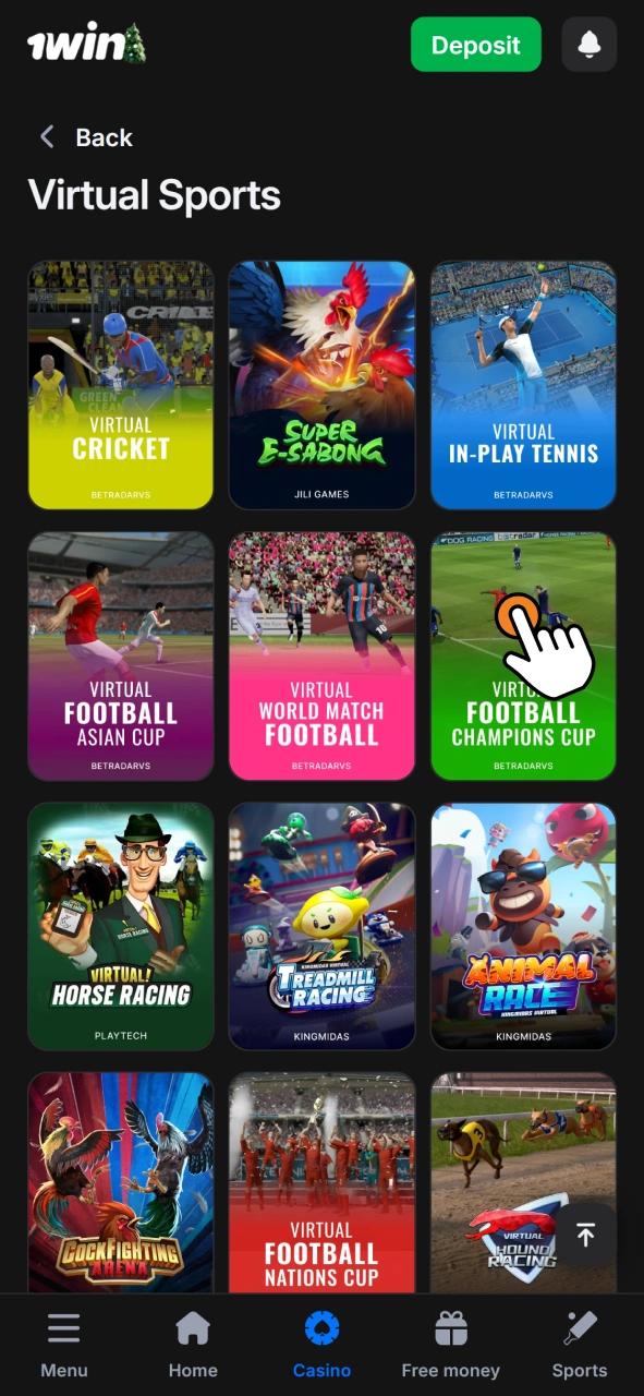 Tap the game tile to browse the virtual sports collection on 1Win.