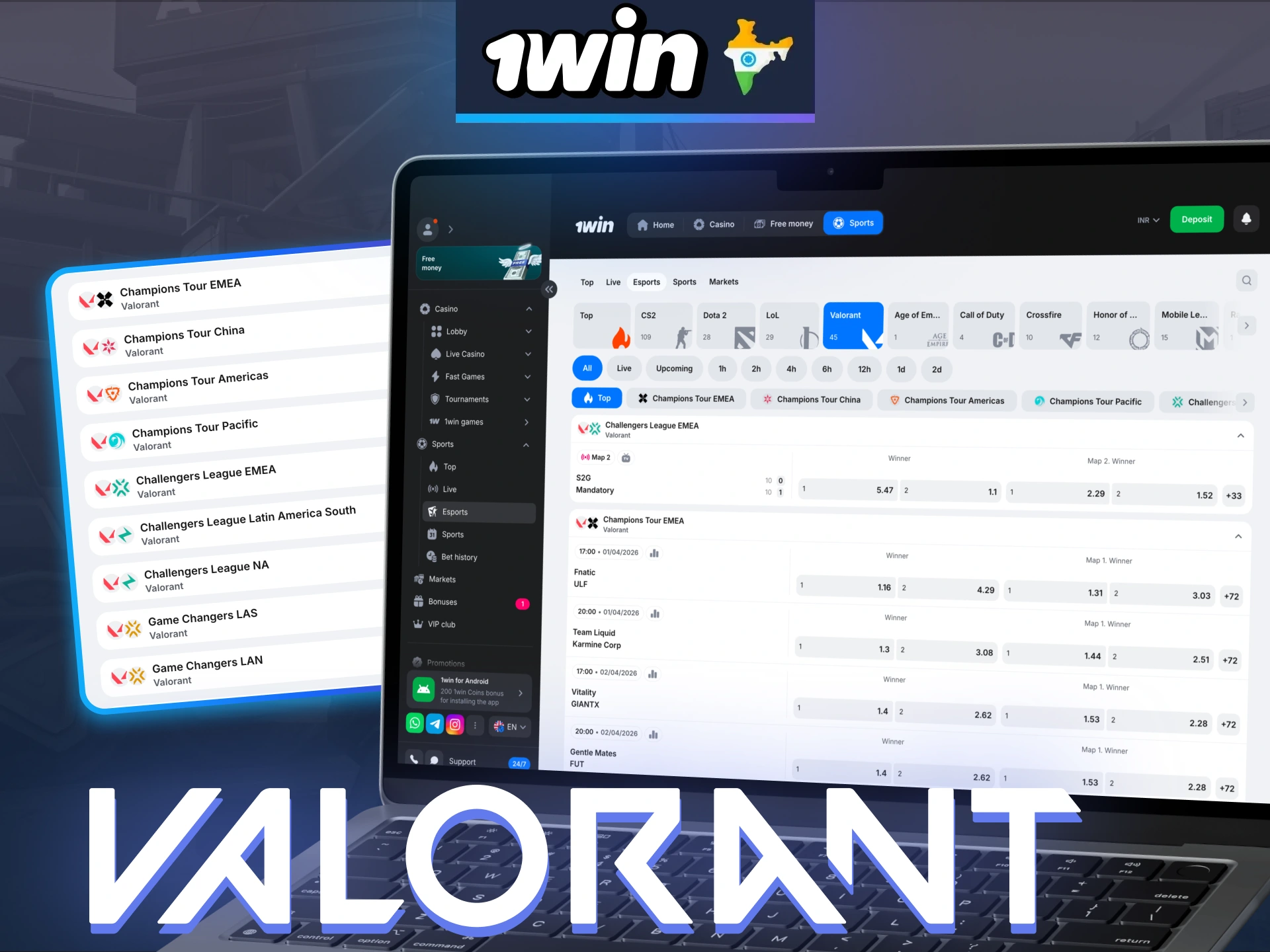 Bet on Valorant at 1win and follow major events with exciting gameplay and diverse markets.