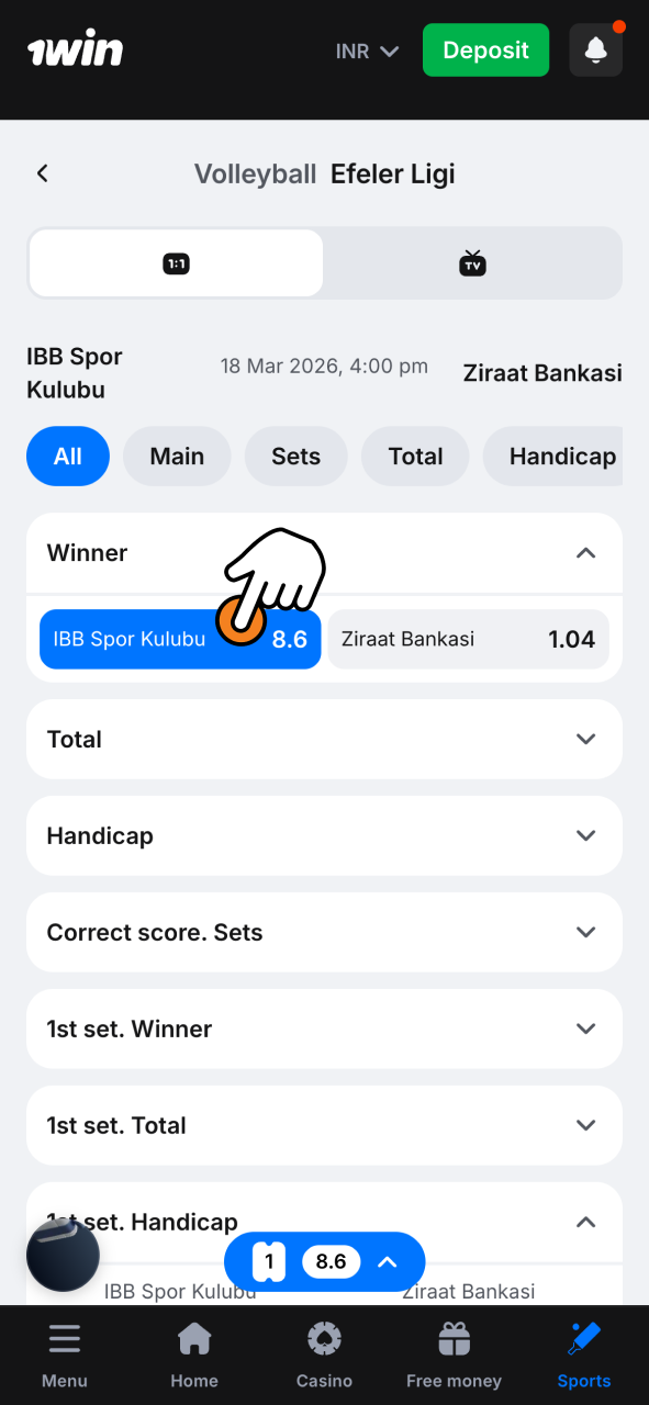 Tap your preferred option on 1Win and build bets quickly with flexible market choices.